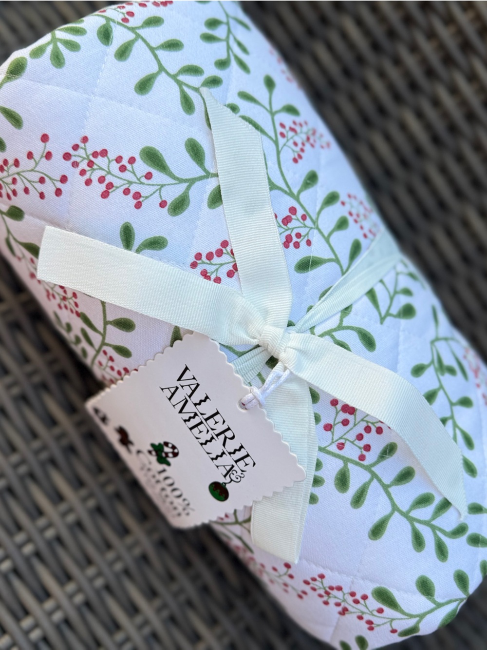 Valerie Amelia Quilted Tree Skirt with Green Vine & Red Berry Print - NWT